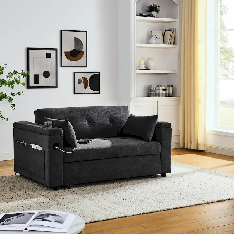 Sofa rozkładana 54, 2-osobowa sofa z funkcją spania i rozkładanymi fotelami, schowkiem, poduszką lędźwiową i gniazdem USB