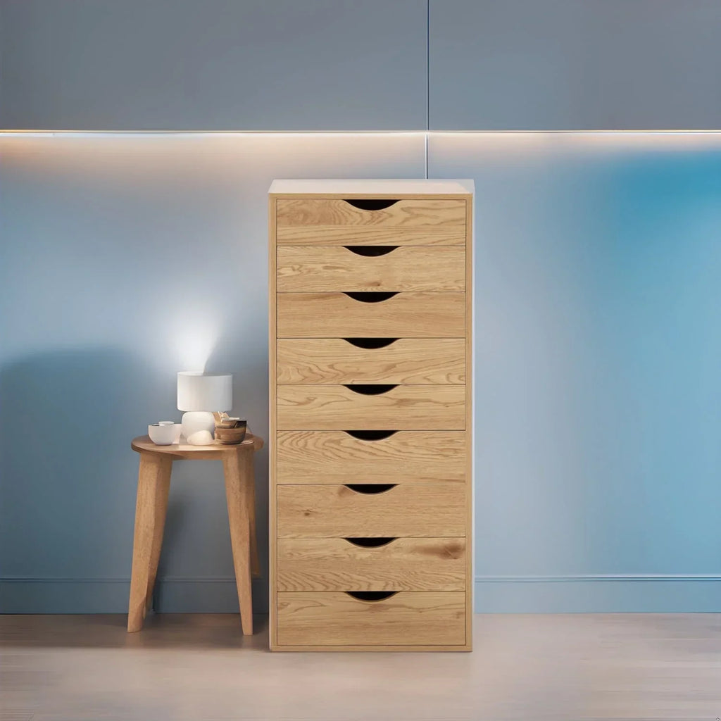 Smalle houten kast met 9 laden, soepel glijdende laden en bovenste opbergplank