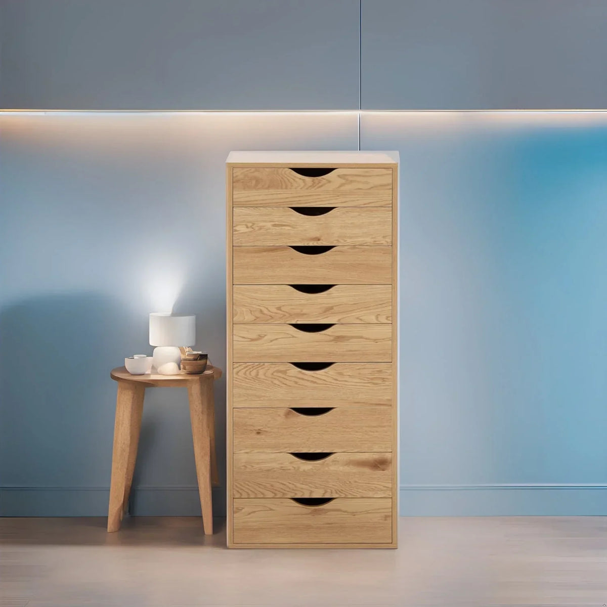 Smalle houten kast met 9 laden, soepel glijdende laden en bovenste opbergplank