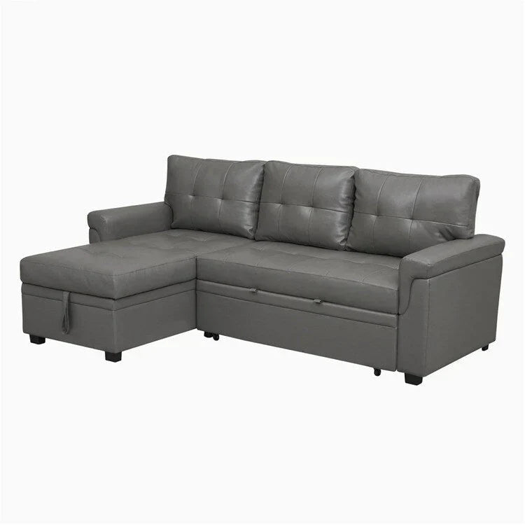 Divano componibile reversibile trasformabile con letto estraibile, chaise longue con contenitore nascosto e gambe resistenti