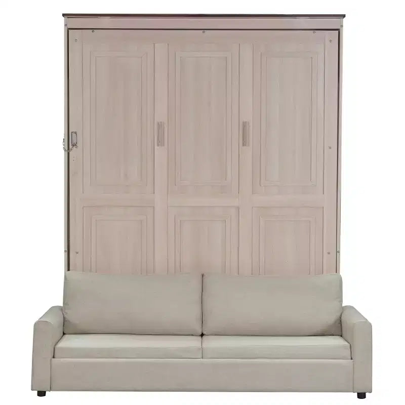 Murphy-bed in queensize met bank, houten kastbed in queensize met ledverlichting, opklapbaar wandbed voor de logeerkamer, beige