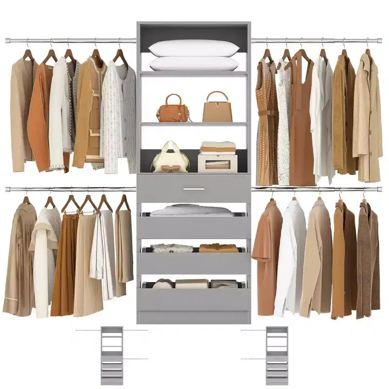 Besiost houten kastorganisatiesysteem van 1,2–2,7 m met 4 laden, 4 hangroeden en open kastelementen