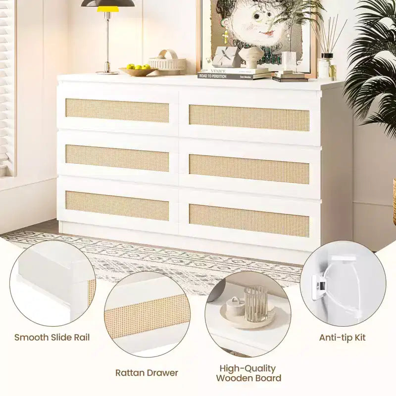 Rattan-Kommode fürs Schlafzimmer mit 6 Schubladen, 119 cm breite moderne Kommode im Landhausstil, Holzschrank mit Stauraum-Organizer für Kleiderschrank, Wohnzimmer und Flur
