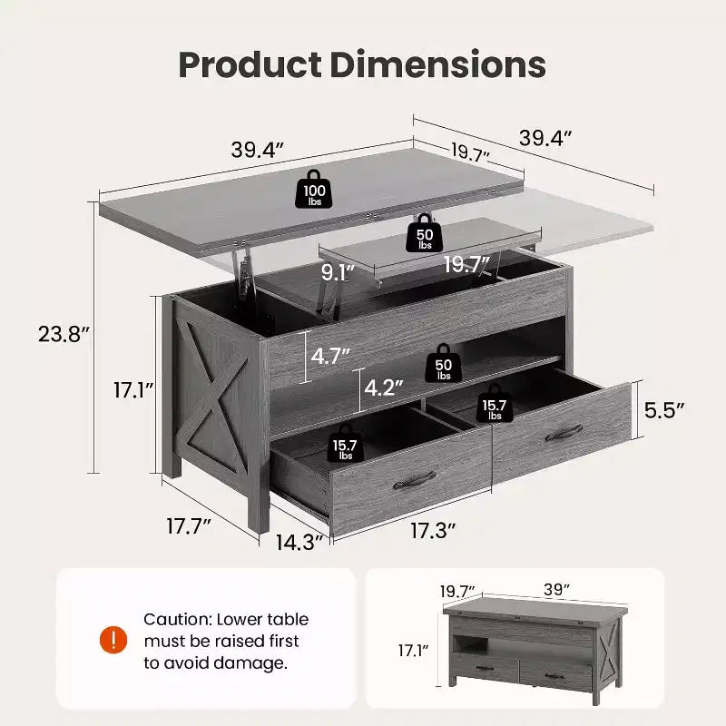 Table basse relevable avec espace de rangement, style ferme, avec deux tiroirs, pour le salon et le bureau à domicile
