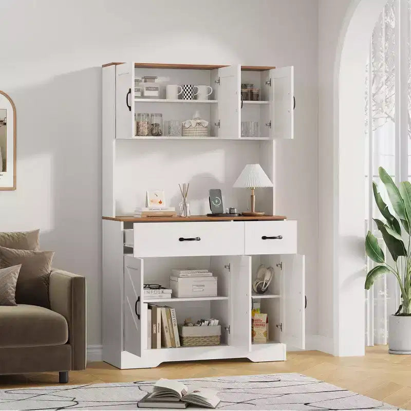 71 Kitchen Pantry Cabinet with Charging Station, Large Countertop, Microwave Stand & 2 Drawers,Hutch Storage for Dining & Living Room