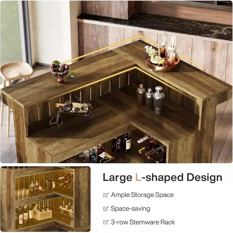 Lantine L-vormige thuisbar, hoekbar met 4 niveaus, dranktafel met opbergplanken en wijnglashouder voor de thuisbar