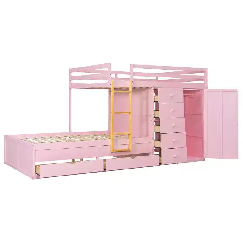 Full over Full Bunk Bed with Storage Wardrobe and Drawers, Full Size Wood Space-Saving Bunk Bed with Guardrail for Apartment, Bedroom