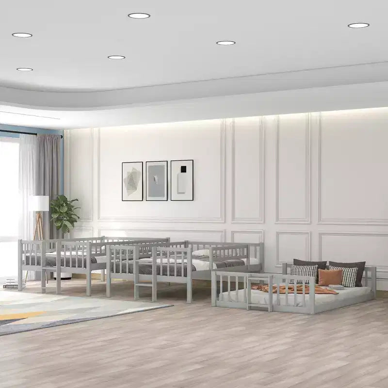 Stapelbed voor drie personen, full-over-full, met ombouwbare ladder en glijbaan, driepersoonsbed met valbeveiliging, wit/grijs/espresso - ModernLuxe