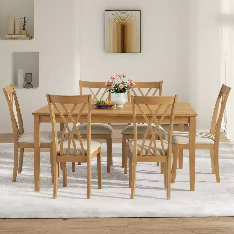 Set da pranzo Zevemomo da 7 pezzi in legno massello con 6 sedie imbottite, set tavolo e sedie salvaspazio per sala da pranzo e cucina, colore legno naturale