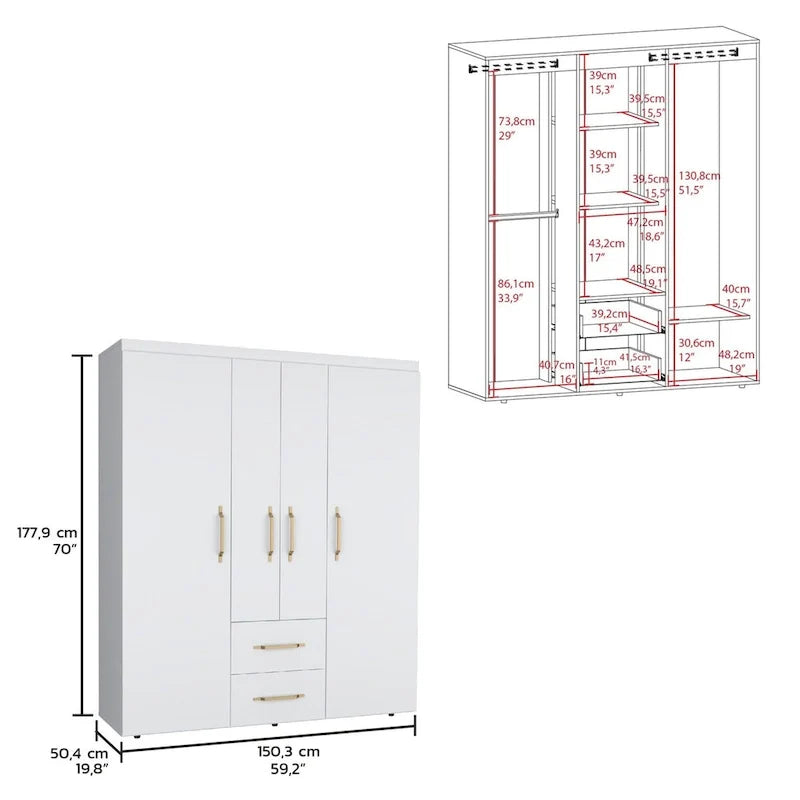 Bariloche Armoire with Hanging Rods, Shelves, 2 Drawers
