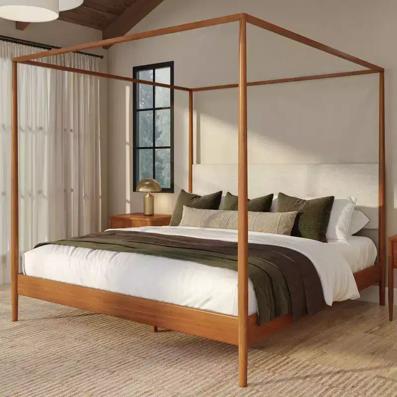 Harbor King Canopy Bed with Upholstered Headboard, Blonde/Swiss Coffee (MD2411-01)