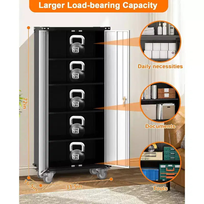 Garage Storage Cabinet with Wheels & Pegboard, 72 H Locking Metal Storage Cabinet with 2 Doors & 4 Adjustable Shelves for Garage Workshop