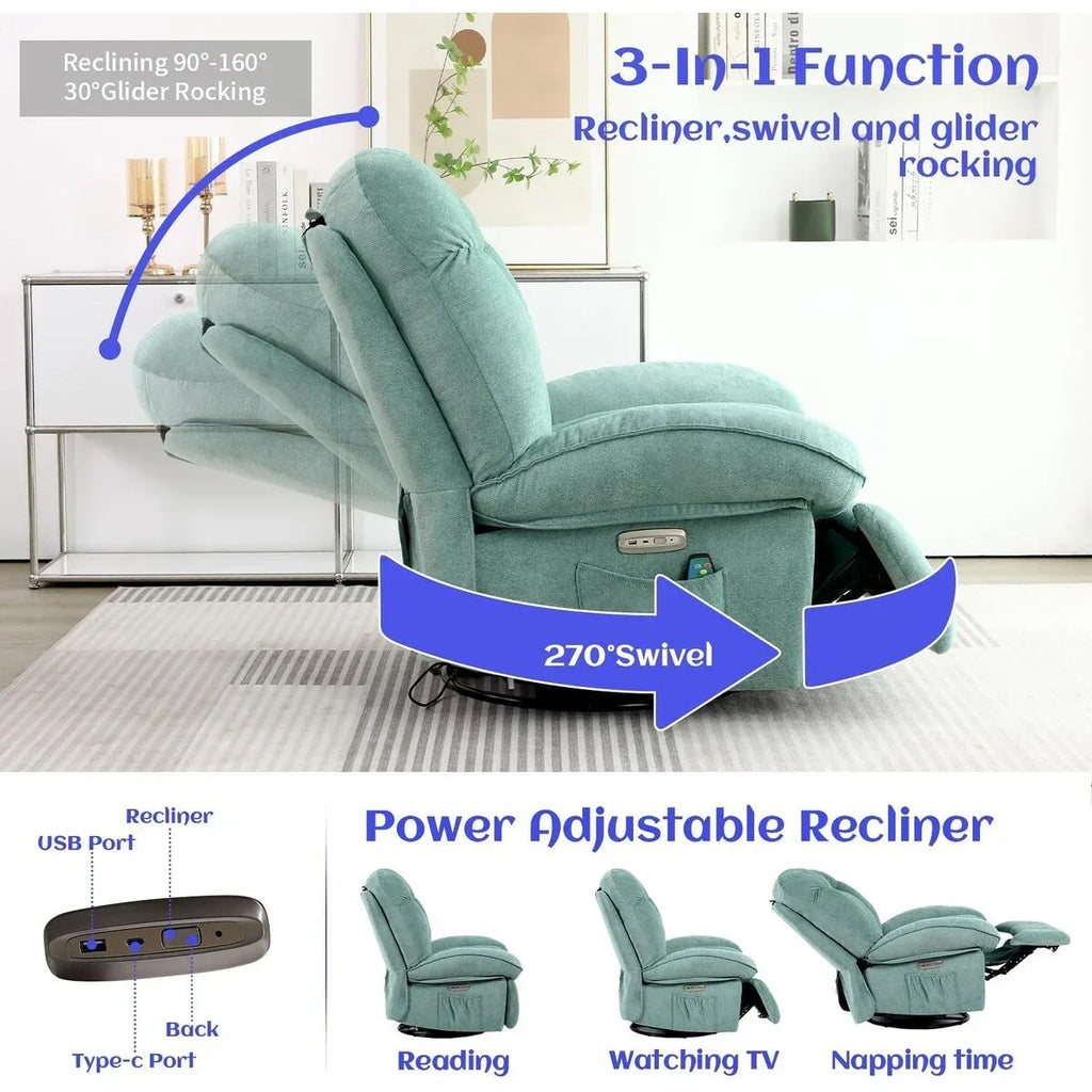 XINMICS draaibare elektrische relaxstoel, massagestoel met schommelstand, verwarming, USB, USB-C en zijvak