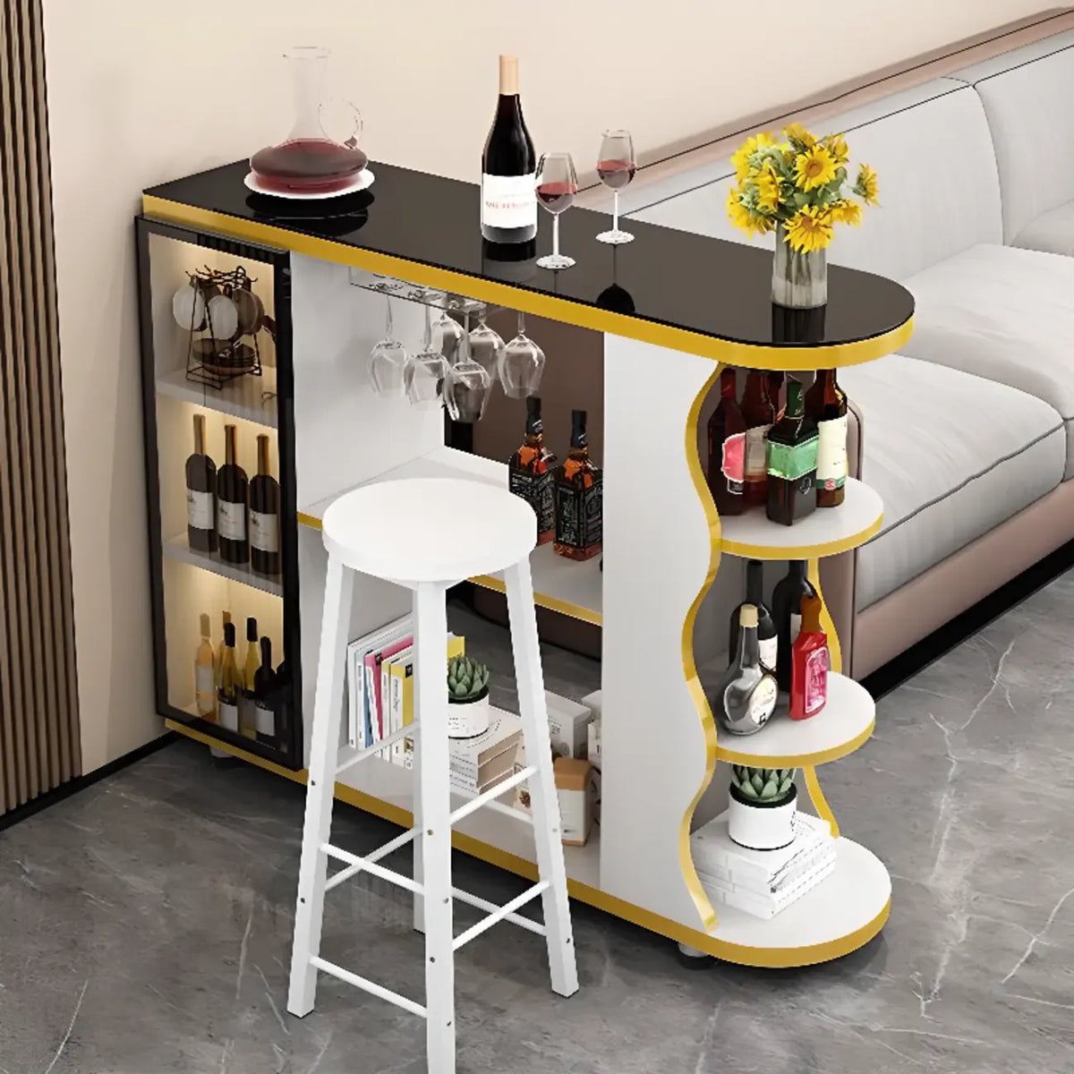 Modern Stone Top Freeform Bar Table with Storage for Home Bars