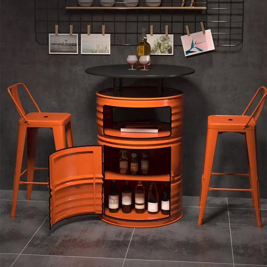 Tables de bar industrielles en métal noir et orange en forme de fût pour rangement