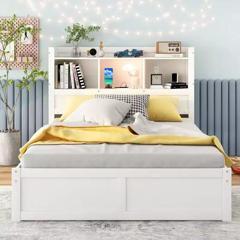 Eenpersoons platformbed met opbergruimte, uitschuifbed, boekenkasthoofdbord en oplaadstation, houten bedframe met planken en laden
