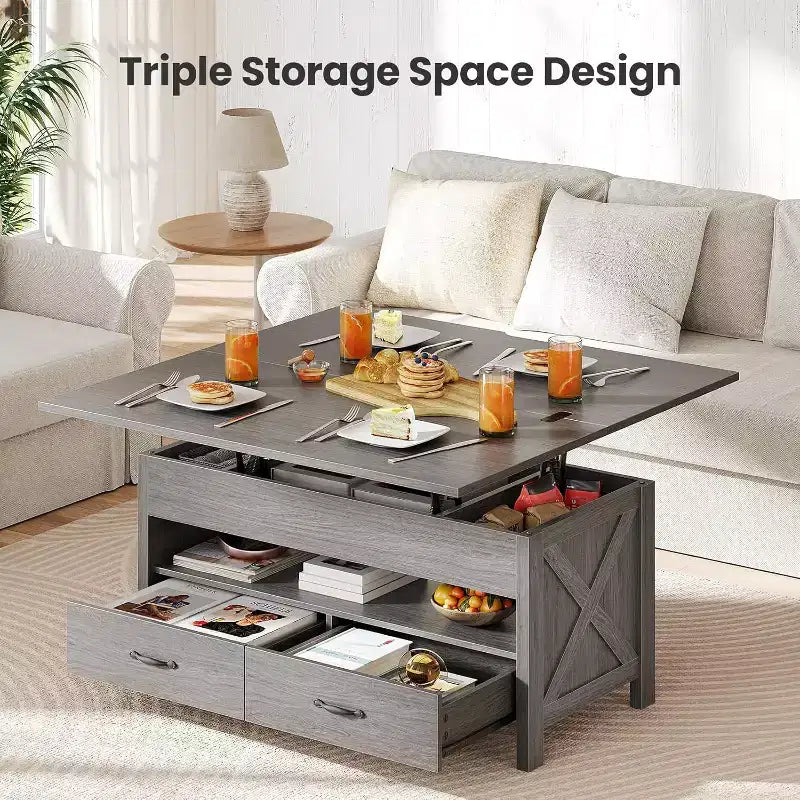 Table basse relevable avec espace de rangement, style ferme, avec deux tiroirs, pour le salon et le bureau à domicile