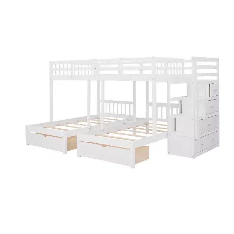 Whisen Full Over Twin & Twin Bunk Bed, Wood Triple Bunk Bed with Drawers and Guardrails