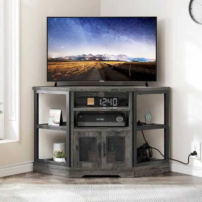 Meuble TV d’angle de style maison de campagne, centre de divertissement et console multimédia pour téléviseurs jusqu’à 55 po, avec prise électrique