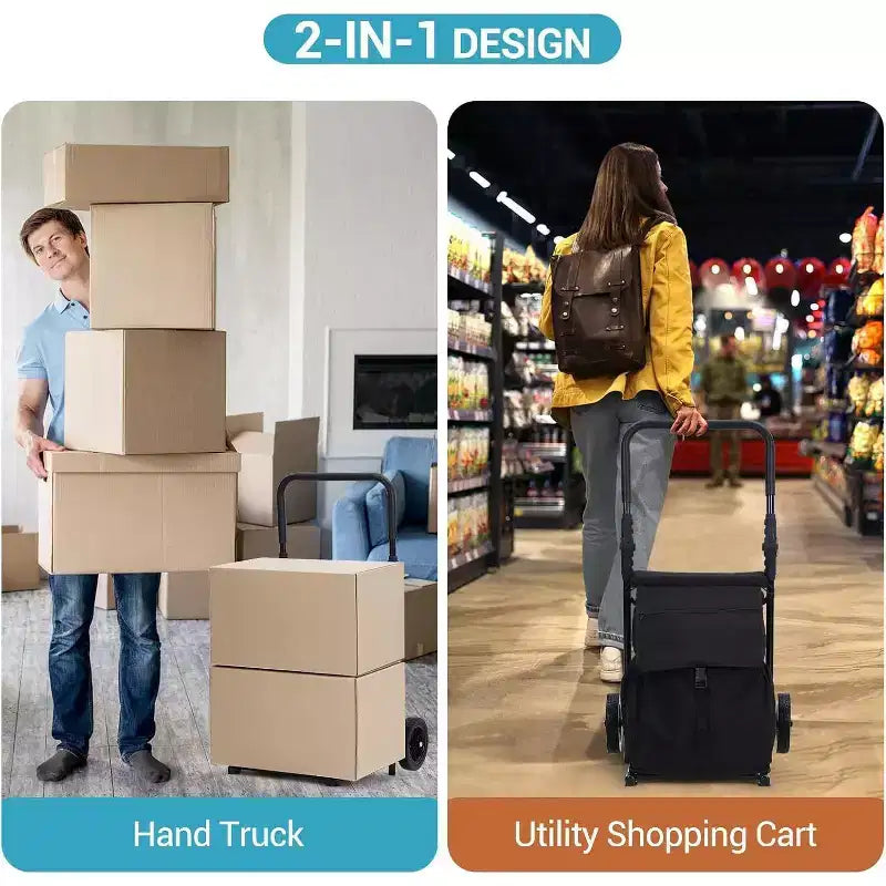 Acekool 2-in-1 Foldable Hand Truck Utility Cart with Removable Waterproof Bag, Thick Seat Cushion & Adjustable Non-Slip Handle, Black