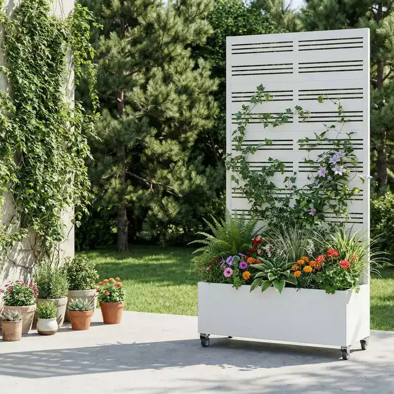 Jardinière rectangulaire blanche en fer forgé MAYEERTY avec treillis (Harold Wide-Narrow B à persiennes), 72 x 35 x 16, décoration de jardin en 5 pièces pour intérieur et extérieur