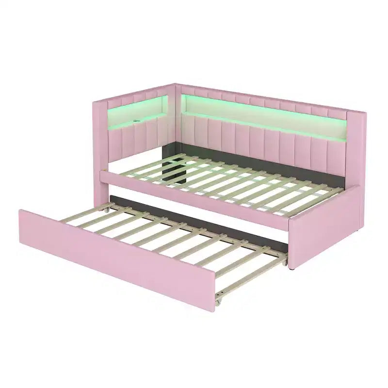 Daybed in Twin-/Full-Größe mit Ausziehbett und L-förmigem Bücherregal-Kopfteil, weiches Eckbett mit Leinenpolsterung, Ablagefächern und LED-Band