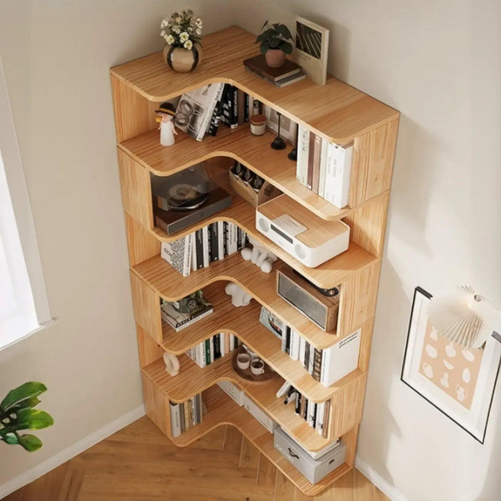 Bibliothèque verticale en bois en forme de L, finition naturelle, dos ouvert