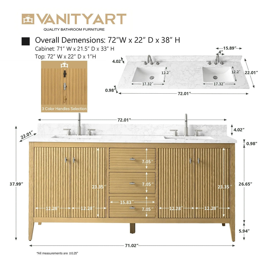 Vanity Art 72 badkamermeubel met dubbele wastafel en blad van composietmarmer