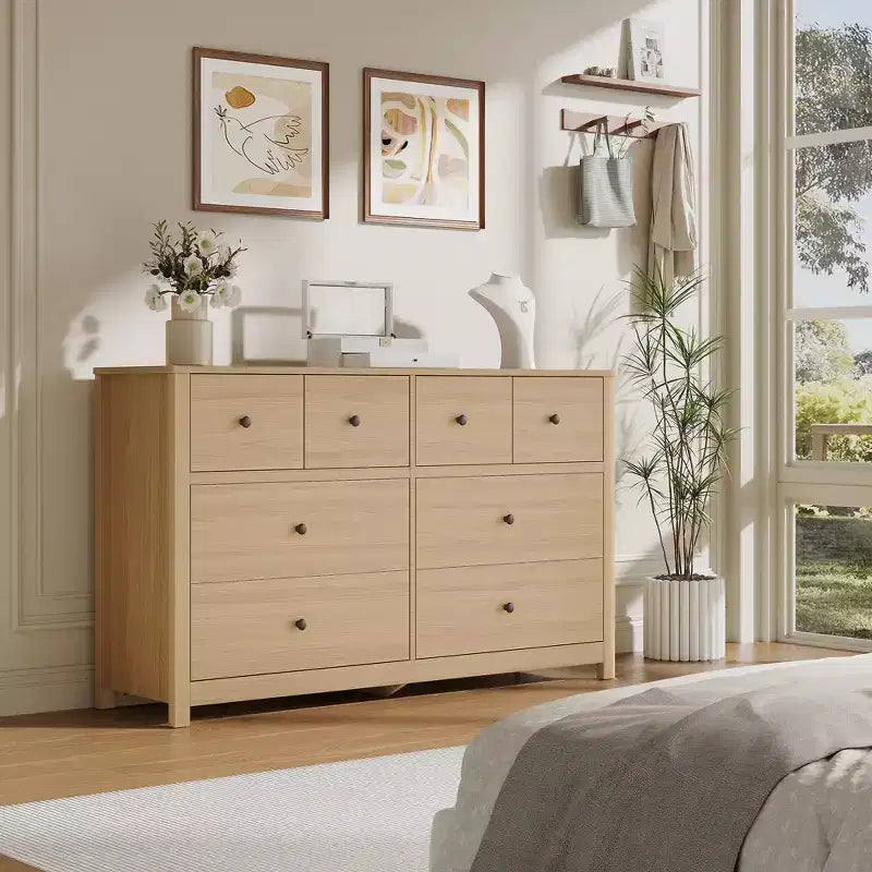 Moderner Kommodenschrank mit 8 Schubladen für das Schlafzimmer, breite Holzkommode mit tiefem Stauraum, freistehender Organizer-Schrank für das Wohnzimmer