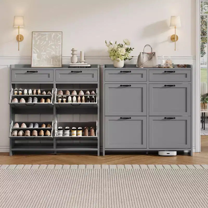 Shoe Cabinet with 4 Flip Drawers & 2 Top Drawers, Wooden Shoe Organizer Cabinet with Adjustable Shelf, Freestanding Shoe Storage Cabinets