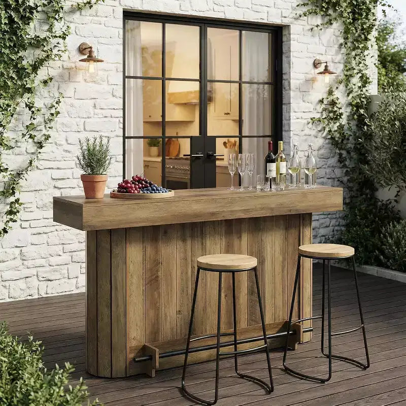 Lantine Bartisch, 63 Zoll große hölzerne Hausbar mit Metallfußstütze, Pubtisch mit Ablageregalen für Wohnzimmer, Bistro und Esszimmer (Braun)