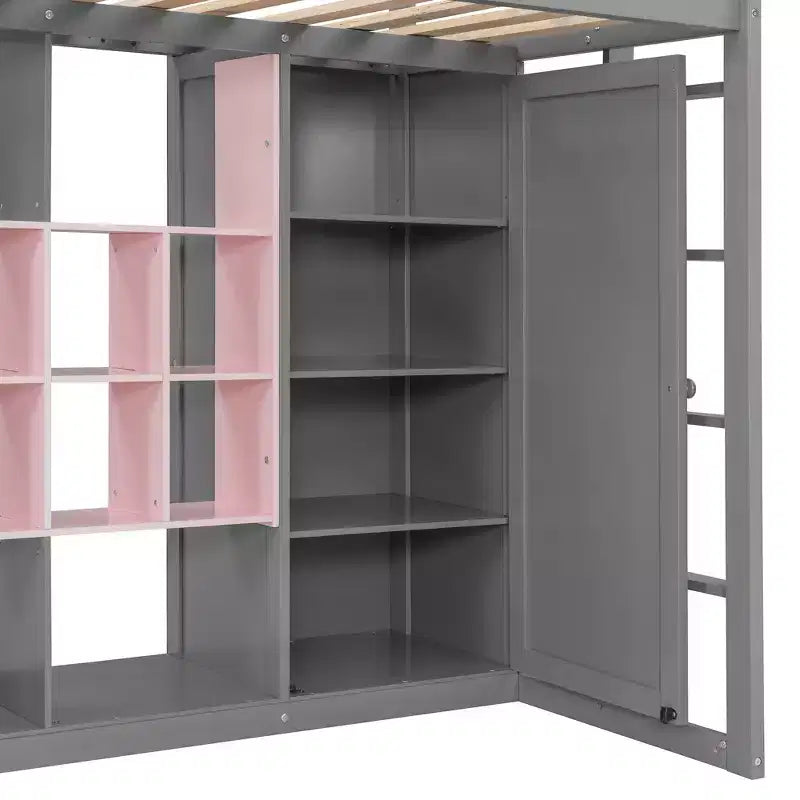 Letto a soppalco per bambini con armadio e mensole, struttura letto a soppalco in legno con mobile contenitore per bambini e ragazzi