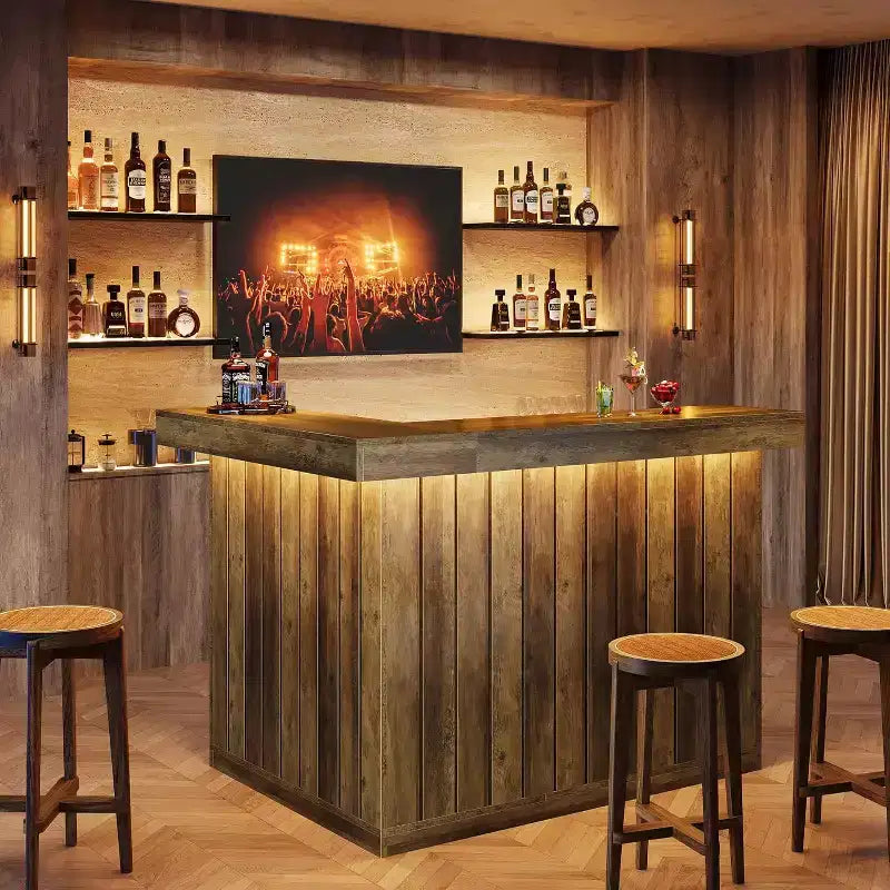 Lantine L-vormige thuisbar, hoekbar met 4 niveaus, dranktafel met opbergplanken en wijnglashouder voor de thuisbar
