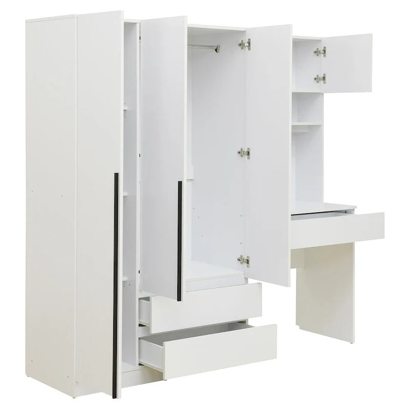 3-in-1 Wardrobe Closet with Vanity Desk, Desk Set, Bedroom Armoire with 2 Drawers 3-Door Storage Desk Wardrobe