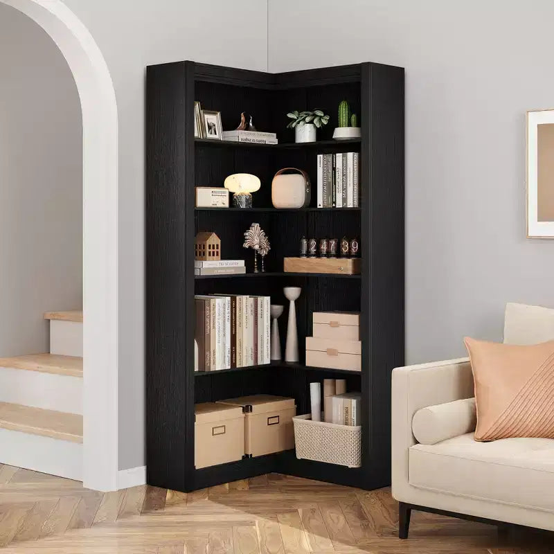 Siyah/Beyaz/Ahşap/Retro, L Şeklinde Köşe Kitaplığı, 5 Katlı, Tekli