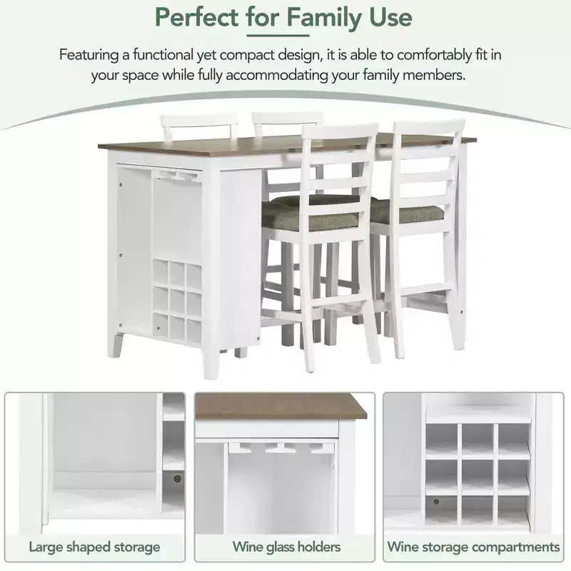Ensemble de salle à manger de style maison de campagne 5 pièces, hauteur comptoir, avec chaises pour 4 personnes, table rectangulaire en bois avec étagères de rangement et compartiment pour bouteilles de vin