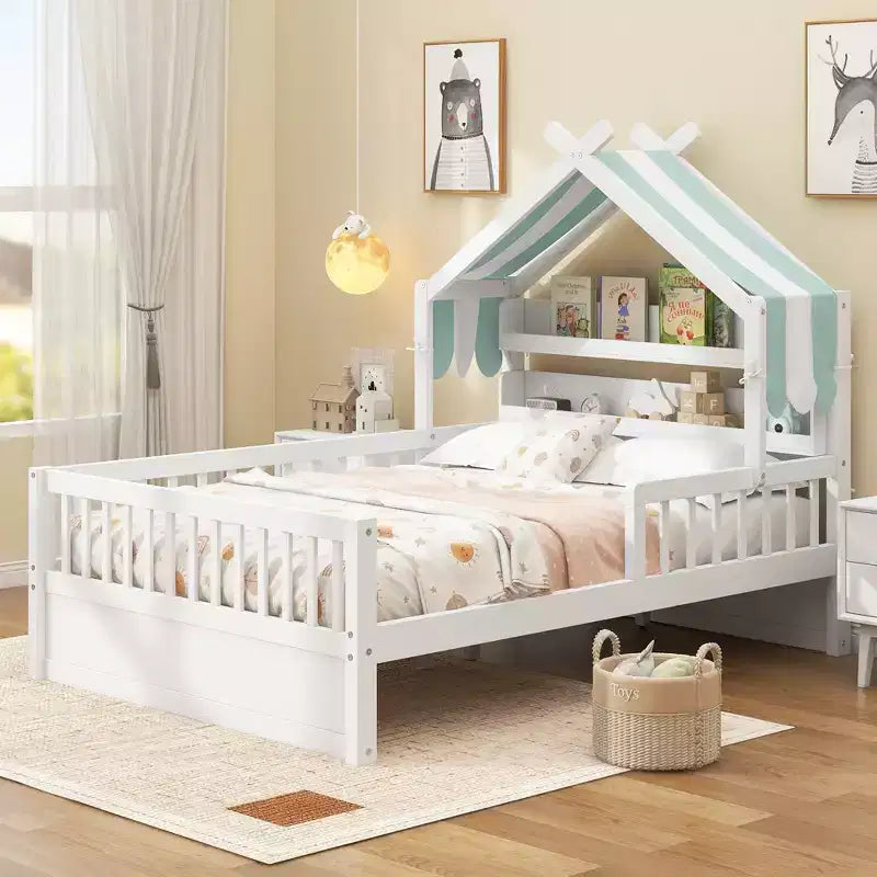 ModernLuxe Holzhausbett in Twin/Full-Größe mit Kopfteil und Stauraum, Kinderbettgestell aus massivem Kiefernholz mit Rausfallschutz