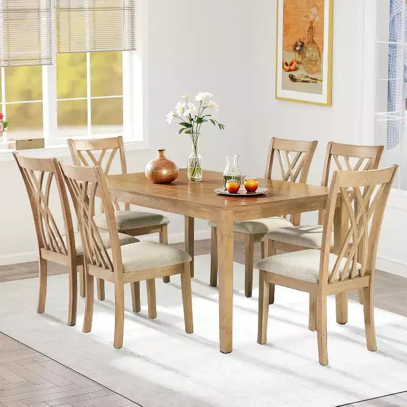 Set da pranzo Zevemomo da 7 pezzi in legno massello con 6 sedie imbottite, set tavolo e sedie salvaspazio per sala da pranzo e cucina, colore legno naturale