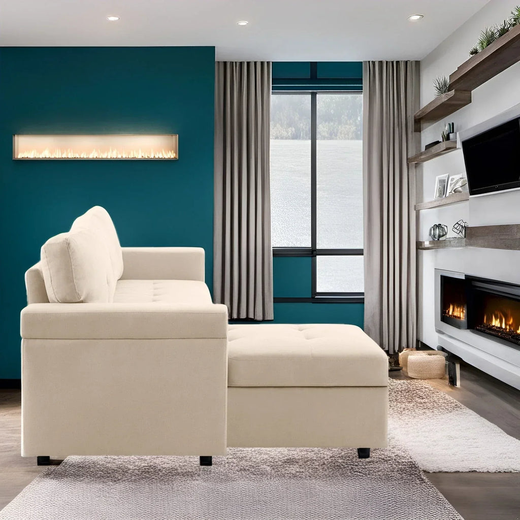 Divano componibile reversibile trasformabile con letto estraibile, chaise longue con contenitore nascosto e gambe resistenti