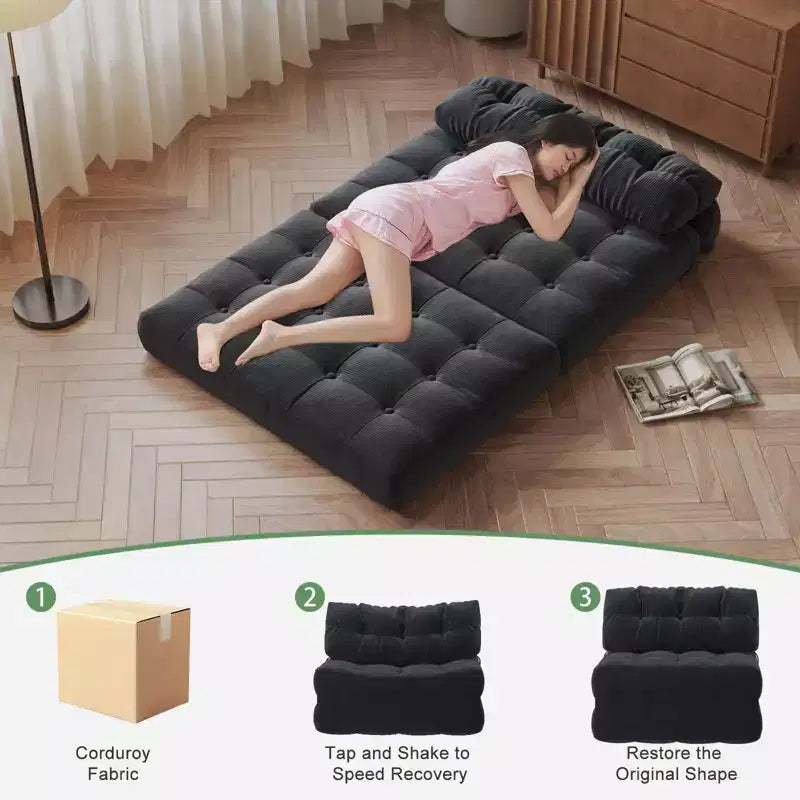 Canapé-lit futon pliant en velours côtelé, fauteuil convertible au sol avec coussin et soutien dorsal, format double