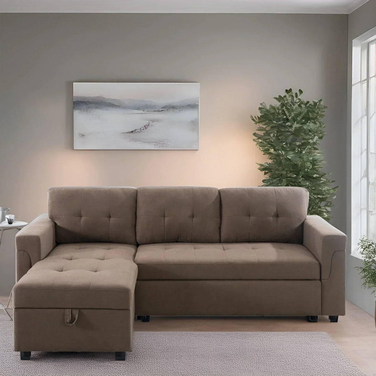 Convertible Reversible Sectional Sofa with Pull-Out Sleeper Bed, Hidden Storage Chaise, and Durable Legs
