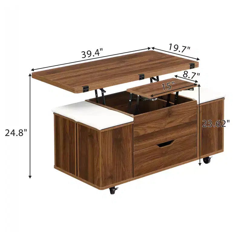 Table basse moderne multifonctionnelle relevable avec rangement dissimulé, 4 tabourets et roulettes, idéale pour les espaces de vie modernes