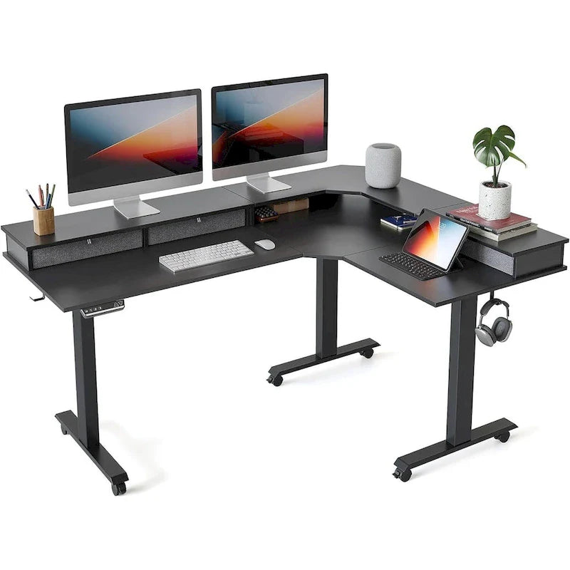 L-Shaped Electric Standing Desk with 3 Drawers & Lockable Casters, 63