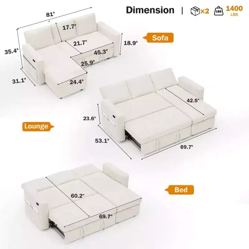 2-in-1-Ausziehsofa mit Stauraum und Ottomane, Chenille-Ecksofa mit USB-Anschlüssen für das Wohnzimmer