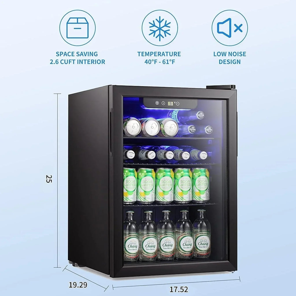 Minikoelkast voor 100 blikjes, drankkoelkast, wijnkoeler, doorzichtige glazen voordeur, klein touchscreen voor dranken - 2,6 cu. ft.