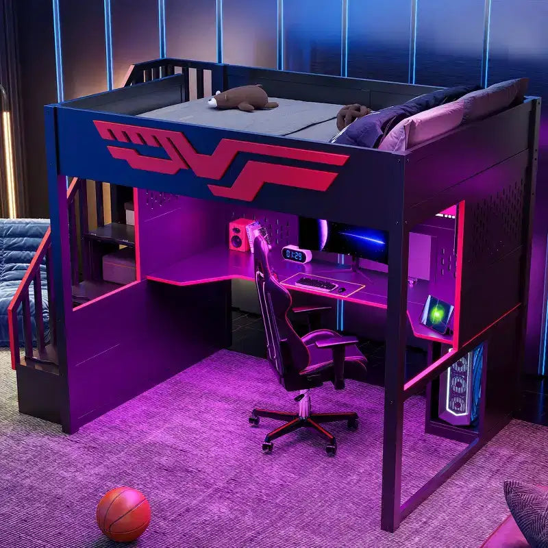 Gaming-Hochbett in Full-Größe mit Schreibtisch und LED-Beleuchtung, hölzernes Hochbett mit Treppe, Stauraumtreppe und USB-Anschluss, Rot+Schwarz