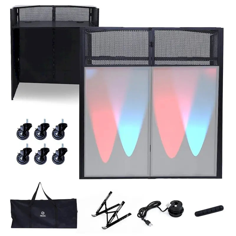 Set da tavolo portatile per DJ con teli schermanti per illuminazione integrati, robusta custodia per il trasporto e dimensioni compatte di 40x20 pollici