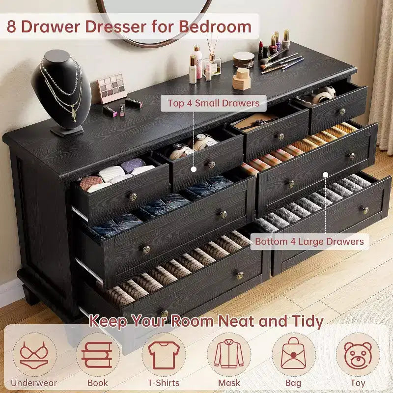 8 Drawer Dresser for Bedroom, Vintage 59 Dresser TV Stand with Carved Handles and Tapered Legs, Wood Chests of Drawers with Large Capacity Storage