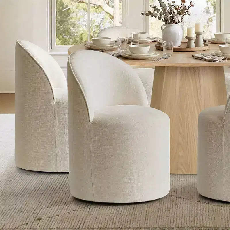 Modern Dining Table Set For 6, Round Pedestal Dining Table, Swivel Rolling Barrel Chairs With Wheels, Textured Chenille- Panipeachy