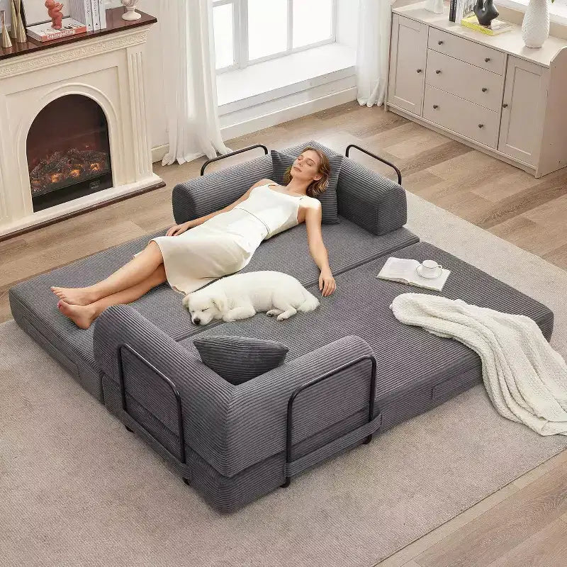 2-in-1-Schlafsofa, bequemes klappbares Cordsofa mit tiefer Sitzfläche und breiten Armlehnen, rahmenloses Sofa für Wohnzimmer und Wohnungen